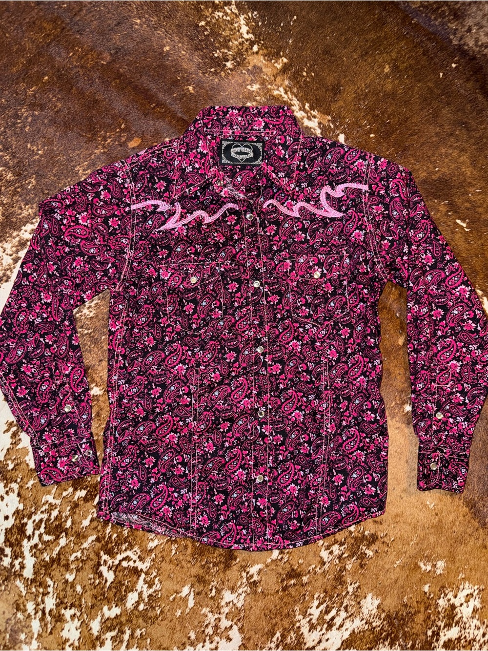 Girls Pink Paisley Button-Down Western Shirt diamond accents